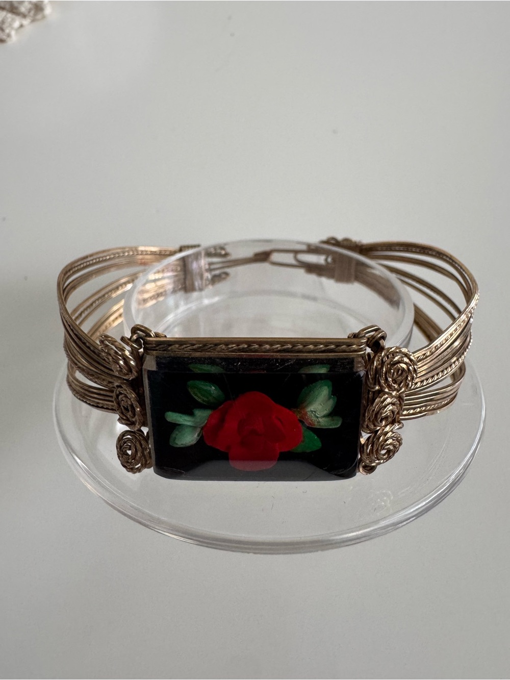 Vintage Carved Lucite Rose Wire Wrapped Bracelet